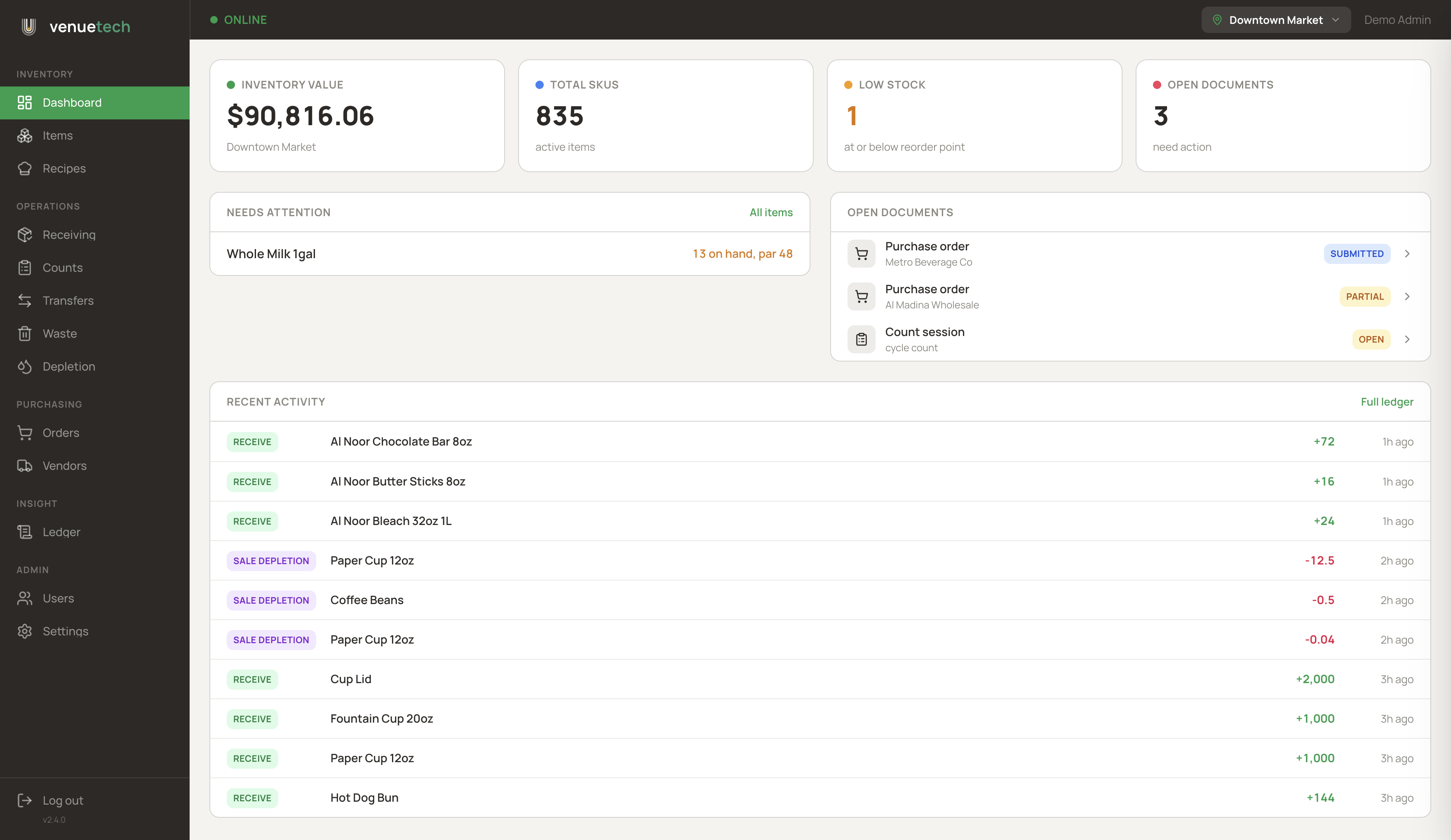 The native desktop app dashboard showing stock value, items, and recent sale depletion activity