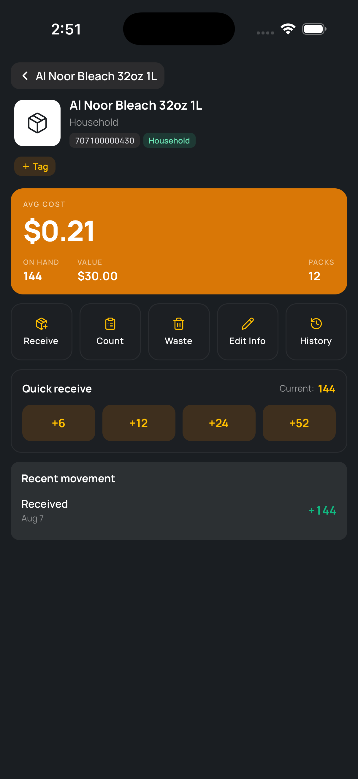 Mobile item detail with average cost, on-hand value, and quick receive actions