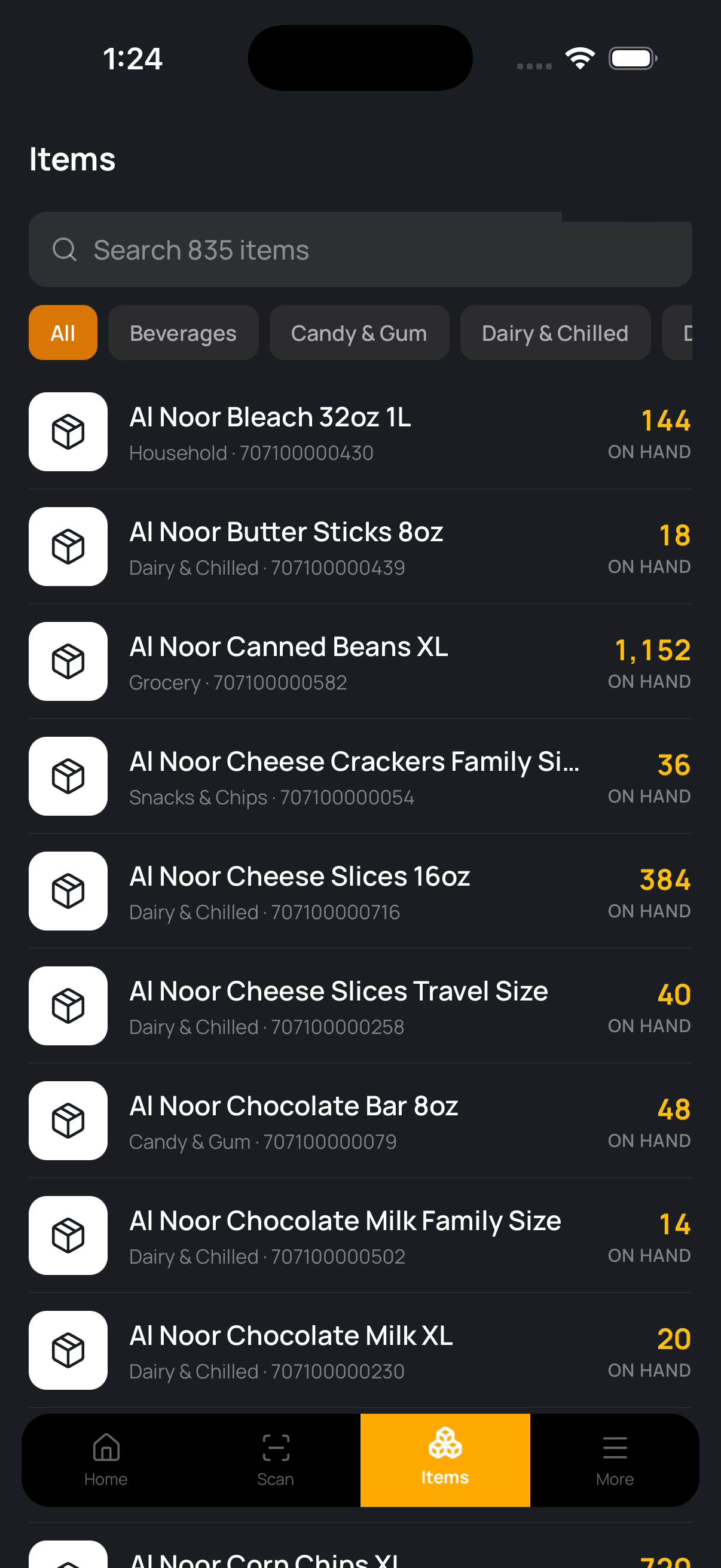 Mobile items list with search across 835 items and on-hand quantities