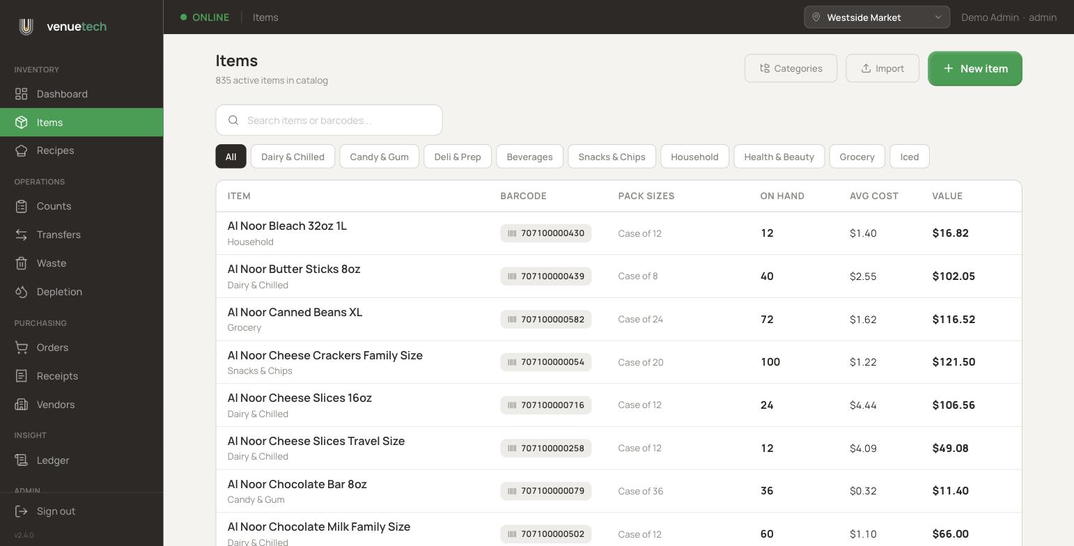 The VenueTech Inventory portal showing a catalog of 835 items with categories, import, and stock values